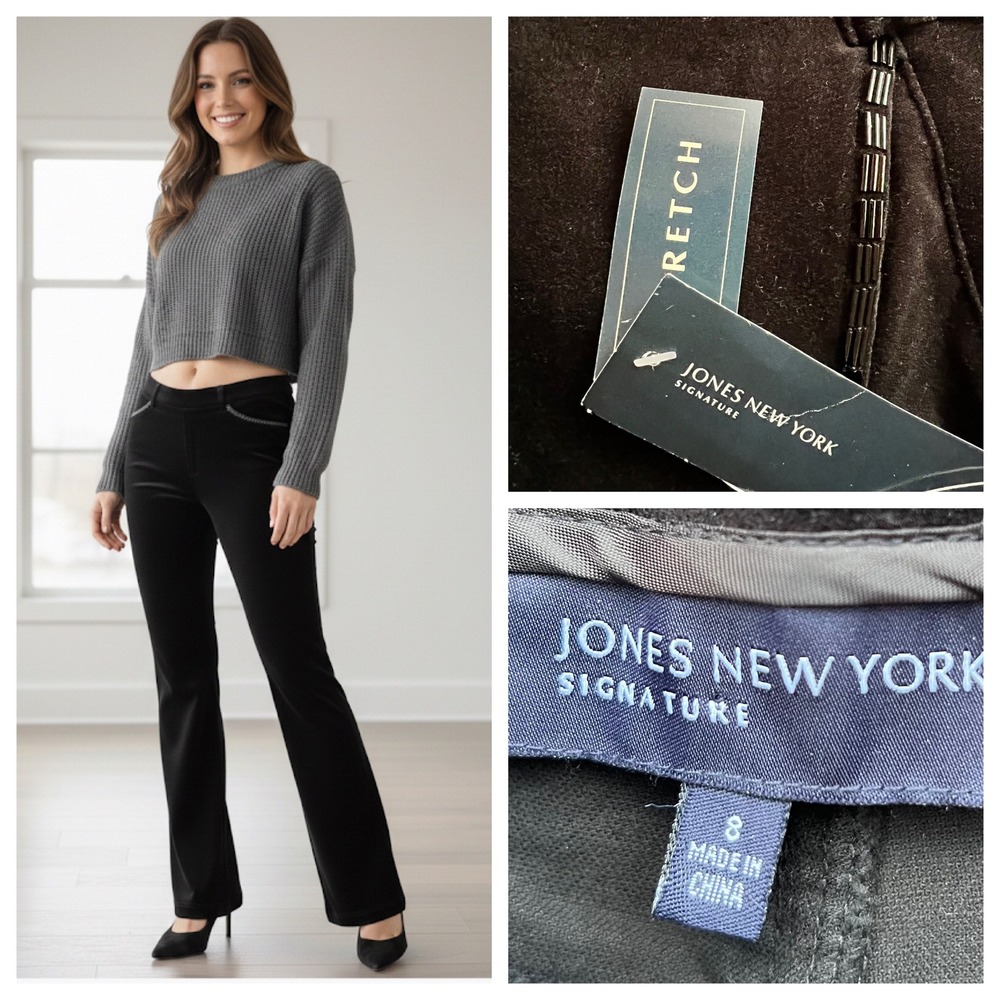 New Jones NY Black Velvet Beaded Flare Stretch Dress Trousers Sz 8 Luxe Goth NWT
